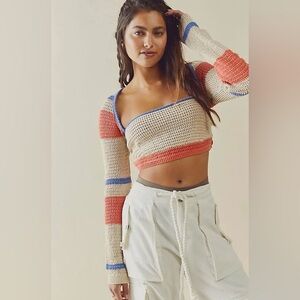 FREE PEOPLE Love Me Long Sleeve Fauxchet Crochet Striped Cropped Top Size Medium